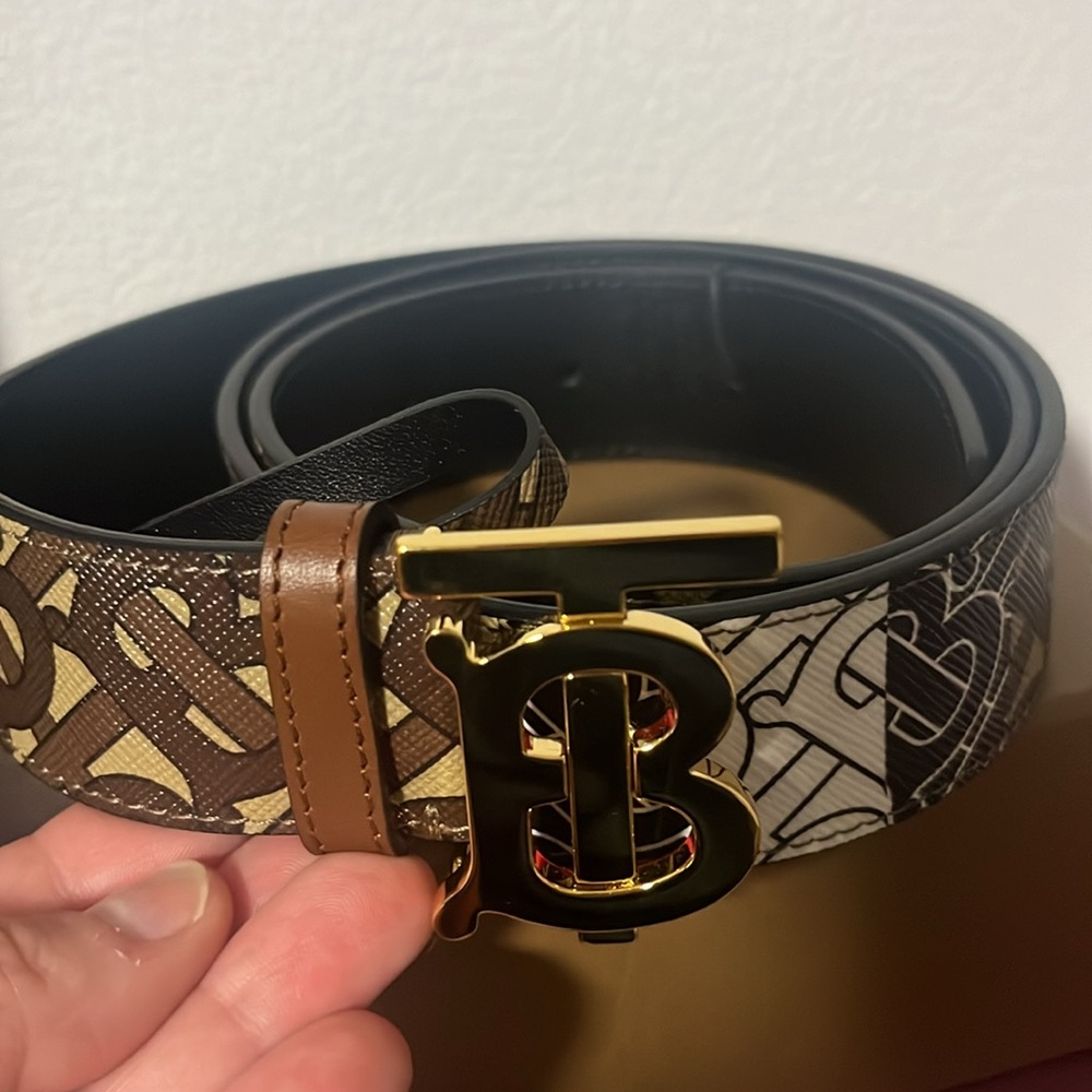 Burberry Monogram Stripe E-canvas and Leather Belt, brindle brown NEW